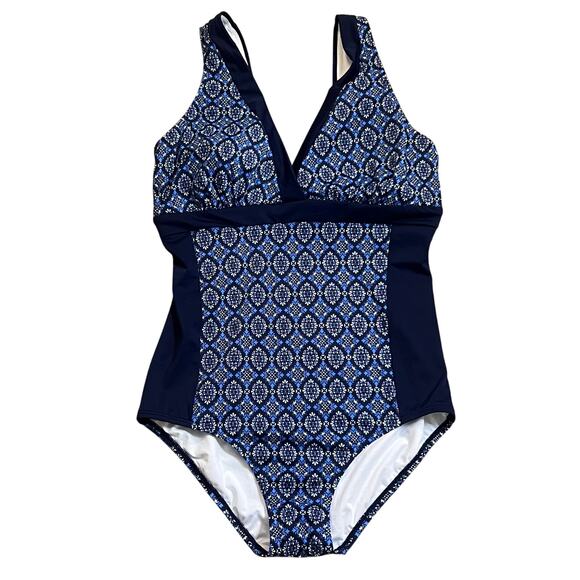 L.L.Bean One Piece Swimsuit Women’s 16 Long Blue Geometric Tummy Control UPF 50+ - Picture 1 of 5